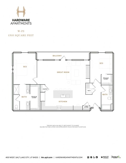Floor plan for 2 beds, 2 baths, 1635 sqft